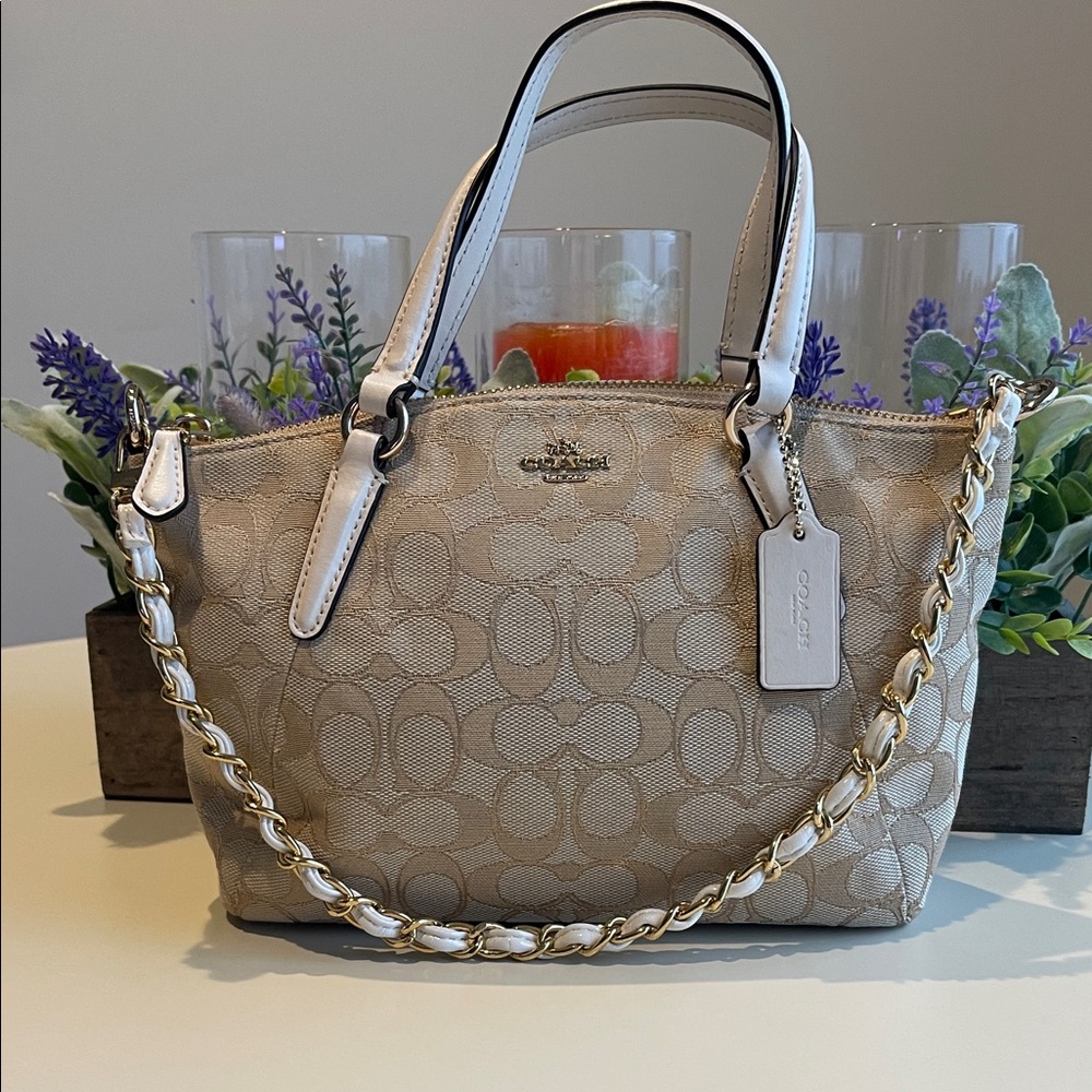 COACH F57830 Mini KELSEY Satchel Crossbody Outline Canvas Jacquard Tan Handbag